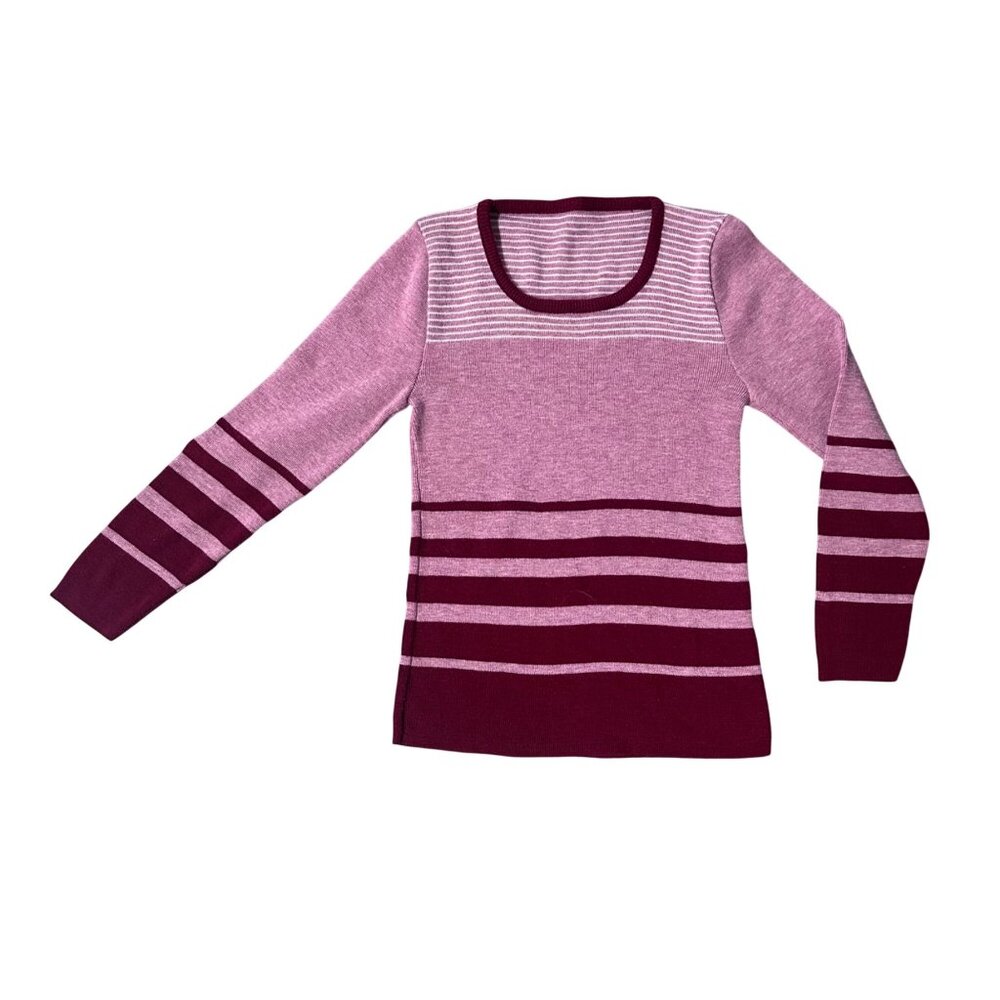Vintage Sweater Striped Pink Burgundy Long Sleeve Scoop Neck Retro 1970s Retro - Picture 2 of 5